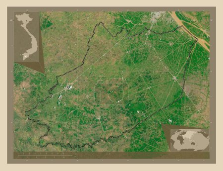 Téléchargez les photos : Hau Giang, province du Vietnam. Carte satellite haute résolution. Emplacements des grandes villes de la région. Corner cartes de localisation auxiliaires - en image libre de droit