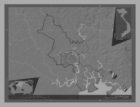 Foto de Ho Chi Minh, municipio de la ciudad jalá pho de Vietnam. Mapa de elevación de Bilevel con lagos y ríos. Ubicaciones y nombres de las principales ciudades de la región. Mapas de ubicación auxiliares de esquina - Imagen libre de derechos