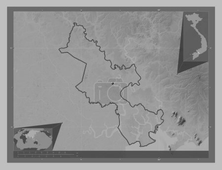 Foto de Ho Chi Minh, municipio de la ciudad jalá pho de Vietnam. Mapa de elevación a escala de grises con lagos y ríos. Mapas de ubicación auxiliares de esquina - Imagen libre de derechos