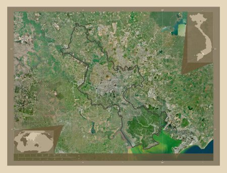 Foto de Ho Chi Minh, municipio de la ciudad jalá pho de Vietnam. Mapa satelital de alta resolución. Ubicaciones de las principales ciudades de la región. Mapas de ubicación auxiliares de esquina - Imagen libre de derechos