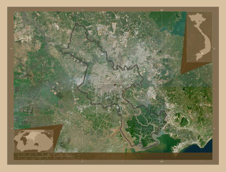 Foto de Ho Chi Minh, municipio de la ciudad jalá pho de Vietnam. Mapa satelital de baja resolución. Mapas de ubicación auxiliares de esquina - Imagen libre de derechos