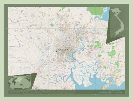 Foto de Ho Chi Minh, municipio de la ciudad jalá pho de Vietnam. Open Street Map. Ubicaciones y nombres de las principales ciudades de la región. Mapas de ubicación auxiliares de esquina - Imagen libre de derechos