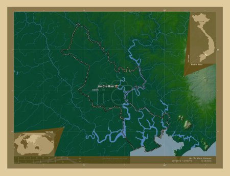 Photo for Ho Chi Minh, city|municipality|thanh pho of Vietnam. Colored elevation map with lakes and rivers. Locations and names of major cities of the region. Corner auxiliary location maps - Royalty Free Image