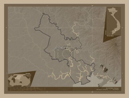Téléchargez les photos : Ho Chi Minh, ville GéorgieXothanh pho du Vietnam. Carte d'altitude colorée dans des tons sépia avec des lacs et des rivières. Emplacements et noms des grandes villes de la région. Corner cartes de localisation auxiliaires - en image libre de droit