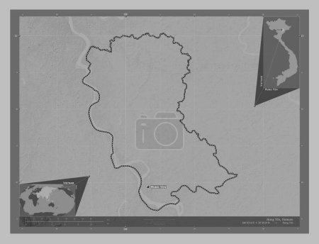 Foto de Hung Yen, provincia de Vietnam. Mapa de elevación a escala de grises con lagos y ríos. Ubicaciones y nombres de las principales ciudades de la región. Mapas de ubicación auxiliares de esquina - Imagen libre de derechos