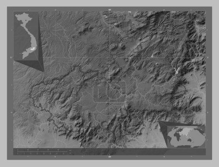 Photo for Lam ong, province of Vietnam. Grayscale elevation map with lakes and rivers. Corner auxiliary location maps - Royalty Free Image