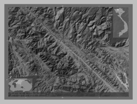 Photo for Lao Cai, province of Vietnam. Grayscale elevation map with lakes and rivers. Corner auxiliary location maps - Royalty Free Image