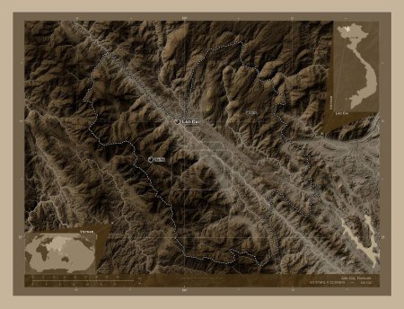 Photo for Lao Cai, province of Vietnam. Elevation map colored in sepia tones with lakes and rivers. Locations and names of major cities of the region. Corner auxiliary location maps - Royalty Free Image