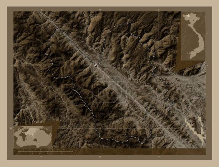 Photo for Lao Cai, province of Vietnam. Elevation map colored in sepia tones with lakes and rivers. Corner auxiliary location maps - Royalty Free Image