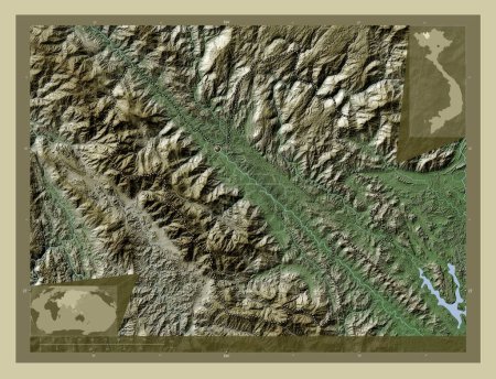 Photo for Lao Cai, province of Vietnam. Elevation map colored in wiki style with lakes and rivers. Corner auxiliary location maps - Royalty Free Image