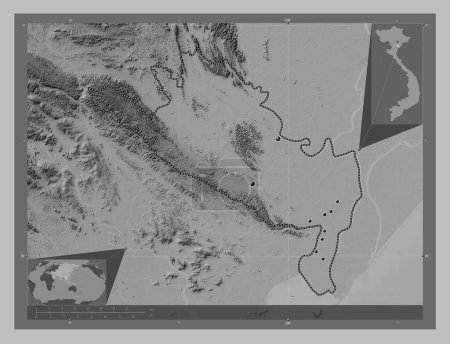 Photo for Ninh Binh, province of Vietnam. Grayscale elevation map with lakes and rivers. Locations of major cities of the region. Corner auxiliary location maps - Royalty Free Image