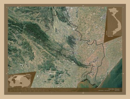 Téléchargez les photos : Ninh Binh, province du Vietnam. Carte satellite basse résolution. Emplacements et noms des grandes villes de la région. Corner cartes de localisation auxiliaires - en image libre de droit