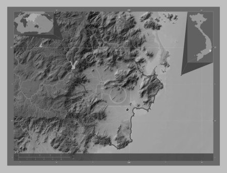 Photo for Ninh Thuan, province of Vietnam. Grayscale elevation map with lakes and rivers. Locations of major cities of the region. Corner auxiliary location maps - Royalty Free Image