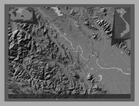 Photo for Phu Tho, province of Vietnam. Bilevel elevation map with lakes and rivers. Locations of major cities of the region. Corner auxiliary location maps - Royalty Free Image