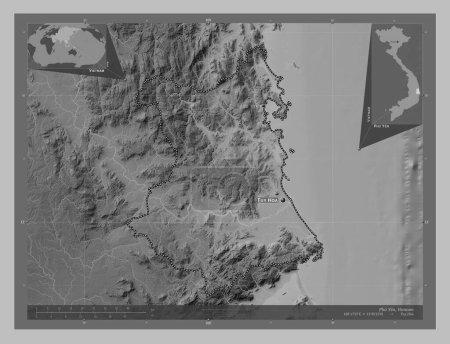Photo for Phu Yen, province of Vietnam. Grayscale elevation map with lakes and rivers. Locations and names of major cities of the region. Corner auxiliary location maps - Royalty Free Image