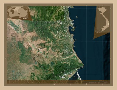 Photo for Phu Yen, province of Vietnam. Low resolution satellite map. Locations and names of major cities of the region. Corner auxiliary location maps - Royalty Free Image