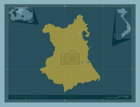 Photo for Phu Yen, province of Vietnam. Solid color shape. Locations and names of major cities of the region. Corner auxiliary location maps - Royalty Free Image