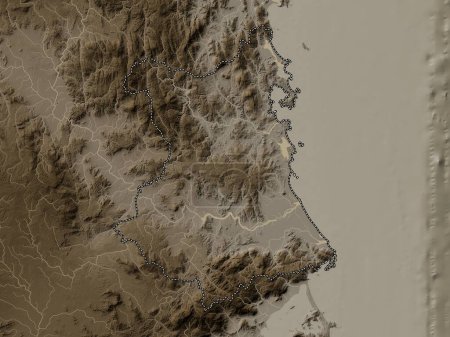Photo for Phu Yen, province of Vietnam. Elevation map colored in sepia tones with lakes and rivers - Royalty Free Image