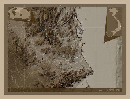 Photo for Phu Yen, province of Vietnam. Elevation map colored in sepia tones with lakes and rivers. Locations and names of major cities of the region. Corner auxiliary location maps - Royalty Free Image