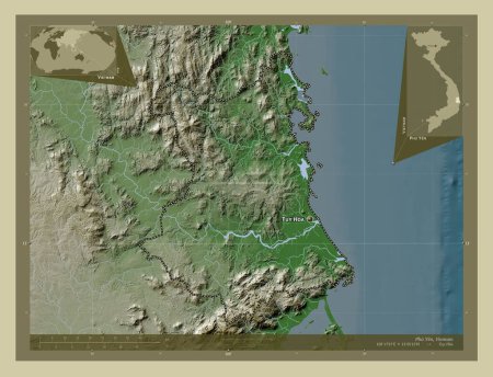 Photo for Phu Yen, province of Vietnam. Elevation map colored in wiki style with lakes and rivers. Locations and names of major cities of the region. Corner auxiliary location maps - Royalty Free Image