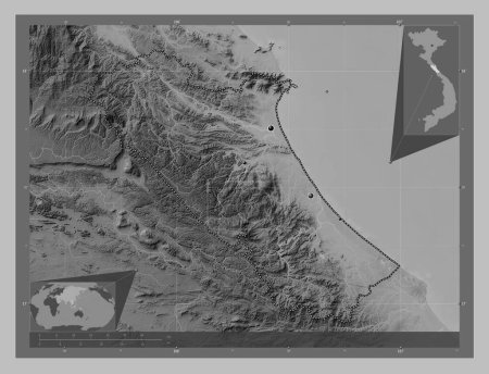 Photo for Quang Binh, province of Vietnam. Grayscale elevation map with lakes and rivers. Locations of major cities of the region. Corner auxiliary location maps - Royalty Free Image