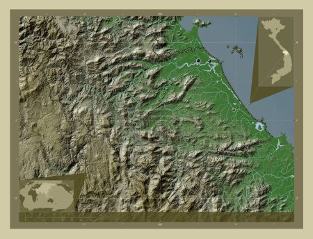 Foto de Quang Nam, provincia de Vietnam. Mapa de elevación coloreado en estilo wiki con lagos y ríos. Ubicaciones de las principales ciudades de la región. Mapas de ubicación auxiliares de esquina - Imagen libre de derechos