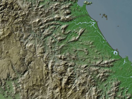Téléchargez les photos : Quang Nam, province du Vietnam. Carte d'altitude colorée dans le style wiki avec des lacs et des rivières - en image libre de droit