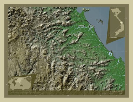 Foto de Quang Nam, provincia de Vietnam. Mapa de elevación coloreado en estilo wiki con lagos y ríos. Ubicaciones y nombres de las principales ciudades de la región. Mapas de ubicación auxiliares de esquina - Imagen libre de derechos