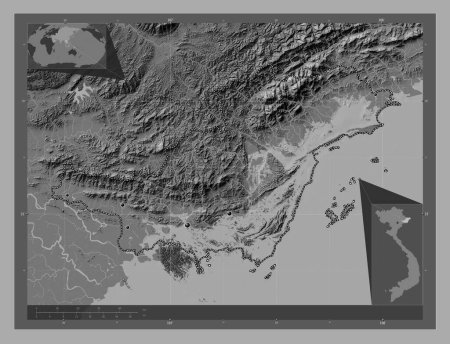 Photo for Quang Ninh, province of Vietnam. Bilevel elevation map with lakes and rivers. Locations of major cities of the region. Corner auxiliary location maps - Royalty Free Image