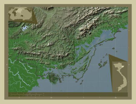Photo for Quang Ninh, province of Vietnam. Elevation map colored in wiki style with lakes and rivers. Locations of major cities of the region. Corner auxiliary location maps - Royalty Free Image
