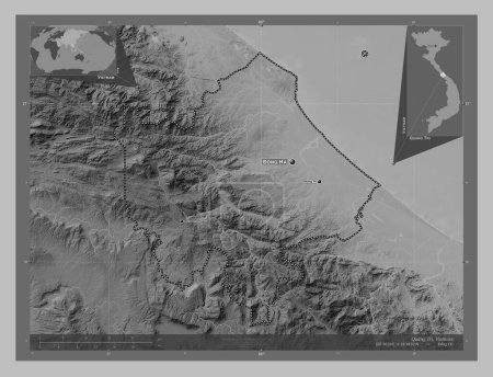 Photo for Quang Tri, province of Vietnam. Grayscale elevation map with lakes and rivers. Locations and names of major cities of the region. Corner auxiliary location maps - Royalty Free Image