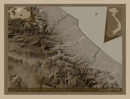 Photo for Quang Tri, province of Vietnam. Elevation map colored in sepia tones with lakes and rivers. Locations and names of major cities of the region. Corner auxiliary location maps - Royalty Free Image