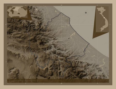 Photo for Quang Tri, province of Vietnam. Elevation map colored in sepia tones with lakes and rivers. Corner auxiliary location maps - Royalty Free Image