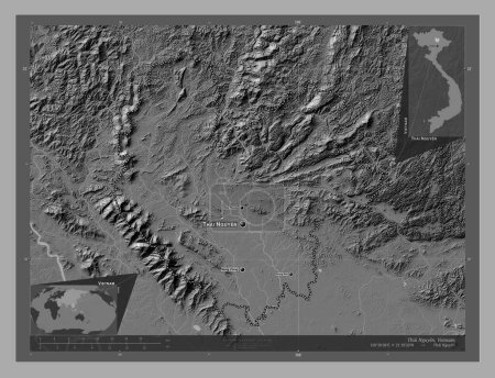 Photo for Thai Nguyen, province of Vietnam. Bilevel elevation map with lakes and rivers. Locations and names of major cities of the region. Corner auxiliary location maps - Royalty Free Image