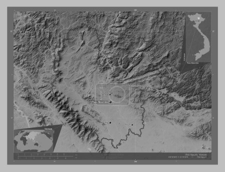 Photo for Thai Nguyen, province of Vietnam. Grayscale elevation map with lakes and rivers. Locations and names of major cities of the region. Corner auxiliary location maps - Royalty Free Image