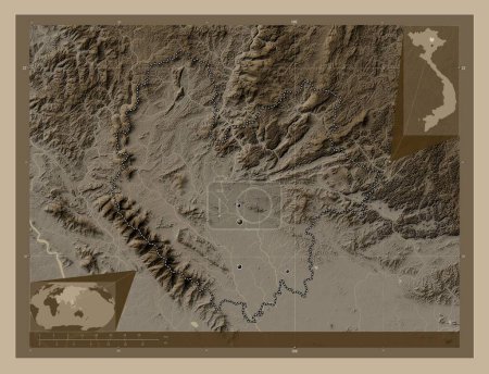 Photo for Thai Nguyen, province of Vietnam. Elevation map colored in sepia tones with lakes and rivers. Locations of major cities of the region. Corner auxiliary location maps - Royalty Free Image