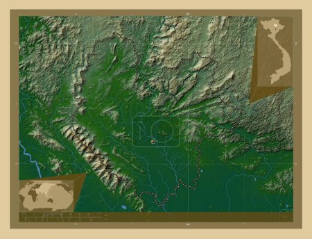 Téléchargez les photos : Thai Nguyen, province du Vietnam. Carte d'altitude colorée avec lacs et rivières. Corner cartes de localisation auxiliaires - en image libre de droit