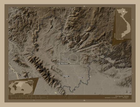 Photo for Thai Nguyen, province of Vietnam. Elevation map colored in sepia tones with lakes and rivers. Locations and names of major cities of the region. Corner auxiliary location maps - Royalty Free Image
