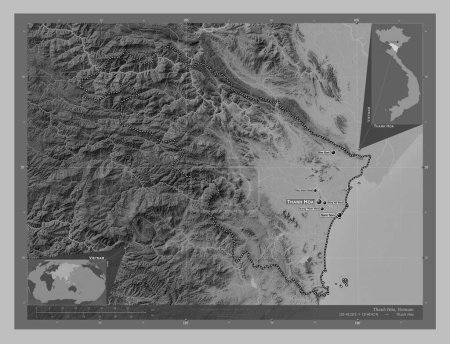Photo for Thanh Hoa, province of Vietnam. Grayscale elevation map with lakes and rivers. Locations and names of major cities of the region. Corner auxiliary location maps - Royalty Free Image