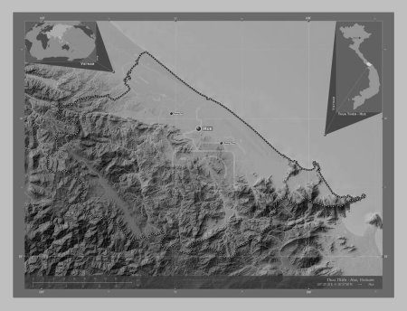 Photo for Thua Thien - Hue, province of Vietnam. Grayscale elevation map with lakes and rivers. Locations and names of major cities of the region. Corner auxiliary location maps - Royalty Free Image
