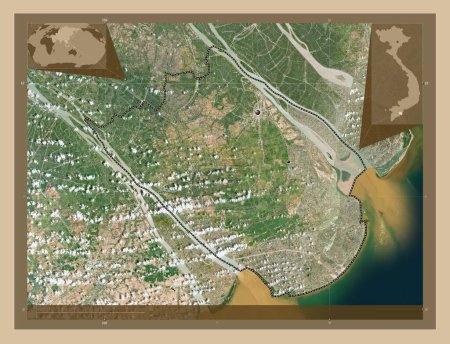 Téléchargez les photos : Tra Vinh, province du Vietnam. Carte satellite basse résolution. Emplacements des grandes villes de la région. Corner cartes de localisation auxiliaires - en image libre de droit