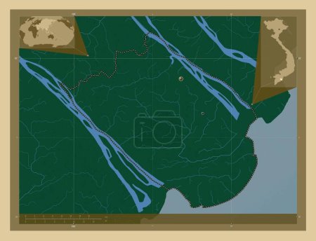 Téléchargez les photos : Tra Vinh, province du Vietnam. Carte d'altitude colorée avec lacs et rivières. Emplacements des grandes villes de la région. Corner cartes de localisation auxiliaires - en image libre de droit
