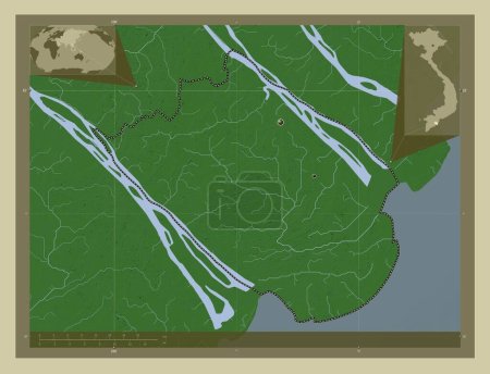 Téléchargez les photos : Tra Vinh, province du Vietnam. Carte d'altitude colorée dans le style wiki avec des lacs et des rivières. Emplacements des grandes villes de la région. Corner cartes de localisation auxiliaires - en image libre de droit