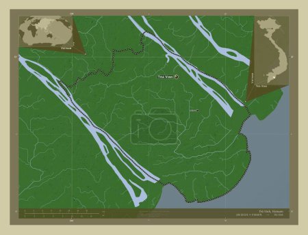 Téléchargez les photos : Tra Vinh, province du Vietnam. Carte d'altitude colorée dans le style wiki avec des lacs et des rivières. Emplacements et noms des grandes villes de la région. Corner cartes de localisation auxiliaires - en image libre de droit