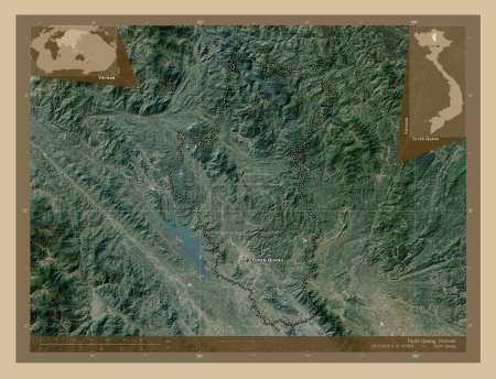 Foto de Tuyen Quang, provincia de Vietnam. Mapa satelital de baja resolución. Ubicaciones y nombres de las principales ciudades de la región. Mapas de ubicación auxiliares de esquina - Imagen libre de derechos