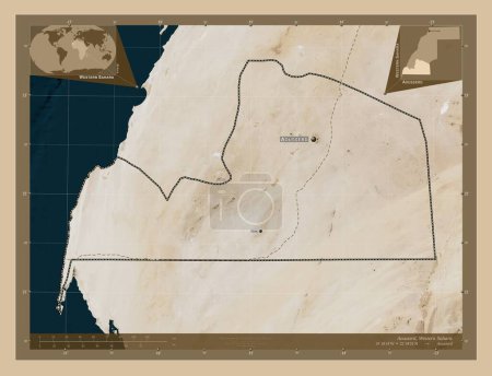 Téléchargez les photos : Aousserd, province du Sahara Occidental. Carte satellite basse résolution. Emplacements et noms des grandes villes de la région. Corner cartes de localisation auxiliaires - en image libre de droit