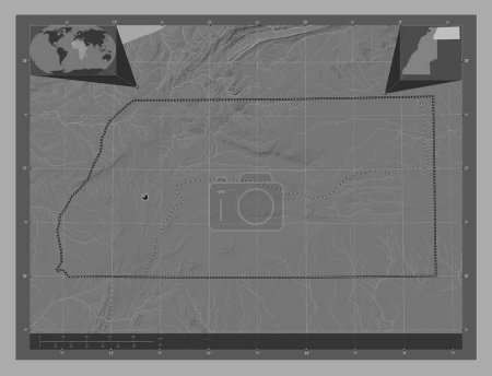 Téléchargez les photos : Es Semara, province du Sahara Occidental. Carte d'altitude de Bilevel avec lacs et rivières. Corner cartes de localisation auxiliaires - en image libre de droit