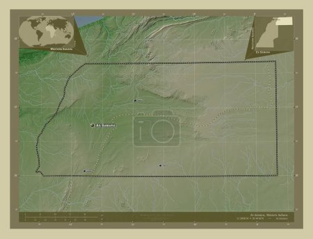 Téléchargez les photos : Es Semara, province du Sahara Occidental. Carte d'altitude colorée dans le style wiki avec des lacs et des rivières. Emplacements et noms des grandes villes de la région. Corner cartes de localisation auxiliaires - en image libre de droit