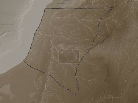 Téléchargez les photos : Laayoune-Sakia El Hamra, province du Sahara Occidental. Carte d'altitude colorée dans des tons sépia avec des lacs et des rivières - en image libre de droit