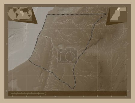 Foto de Laayoune-Sakia El Hamra, provincia del Sáhara Occidental. Mapa de elevación coloreado en tonos sepia con lagos y ríos. Mapas de ubicación auxiliares de esquina - Imagen libre de derechos